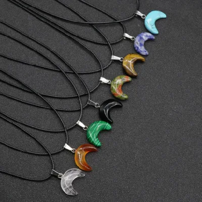 Small Moon Stone Crescent Pendant Choker Collar Reiki Healing Natural Pink Quartz Black Obsidian Chakra Crystal Necklaces Female